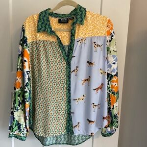 Maeve Multi-Print Button-Up Blouse in Blue, Green and Yellow